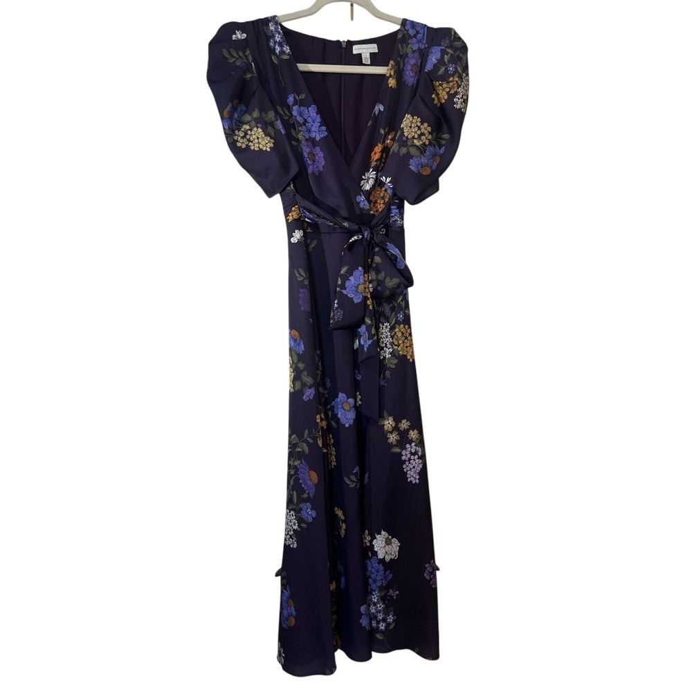 Monique Lhuillier Floral Puff Sleeve‎ Midi Wrap Dress-AS SEEN ON BULL-Size 2